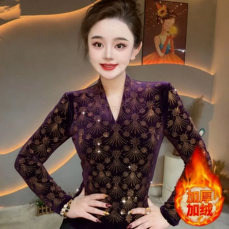 

Meteor Hot Diamond Новая легкая роскошная женская футболка с v-образным вырезом и длинными рукавами Hot Diamond Модная универсальная нижняя рубашка