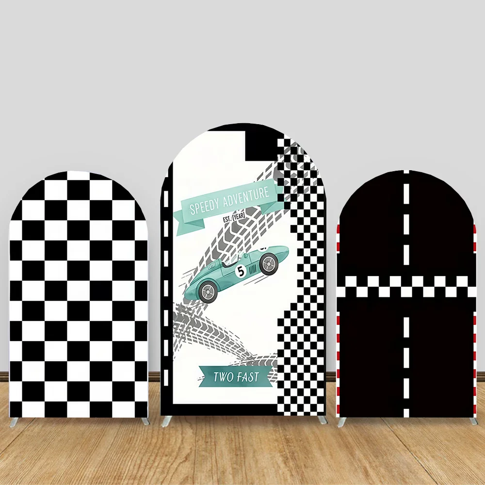 

Fast Two Racing Boy Birthday Arch Panel Background Photography Black White Track Wheel Backdrop Decor Kid Photo Studio