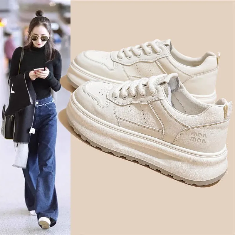 

First Layer Cowhide Leather Thick Sole White Shoes Women Shoes Versatile Board New Breathable Casual Sports
