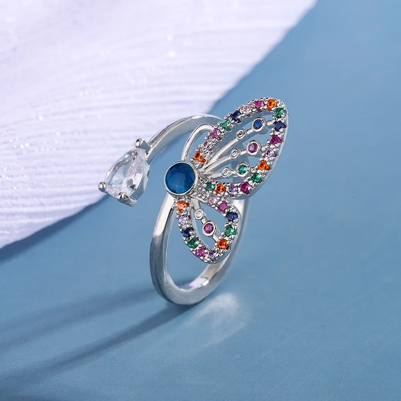 Fashion Temperament Colorful Diamond Inlay 925 Sterling Silver Personality Creative Butterfly Opening Rings  R055