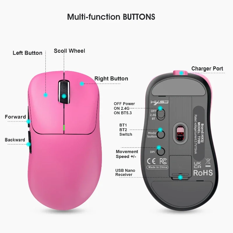 Wireless Bluetooth BT5.3 lightweight 1000dpi mouse gamer rechargeable ergonomic white portable mouses for tablet PC Mice Pink