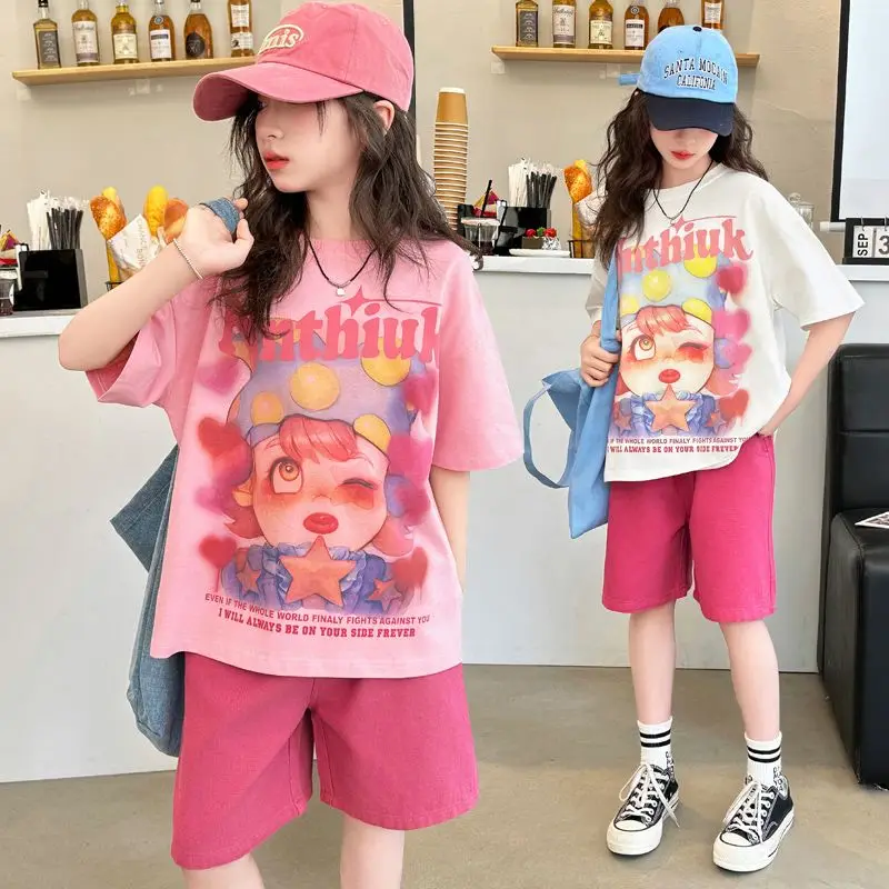 Summer Children Girls Sweet Clothes Set Teenage Pink Cartoon T-shirts and Shirts 2 Pieces Suit Kid Fashion Top Bottom Outfits