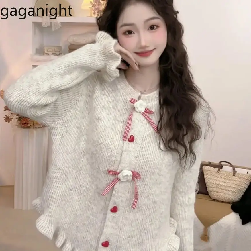 Gaganight Women Korean Style O neck Clothing 2024 Autumn Winter Korean Version Wooden Ear Internet Celebrity Bow Knitted Sweater