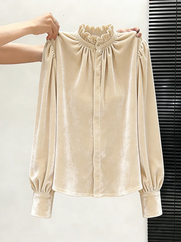 

Unique Large Size Women's Velvet Shirt with Wood Grain Ruffle Stand Collar Long Sleeve Spring 2026 Fashion Sensation