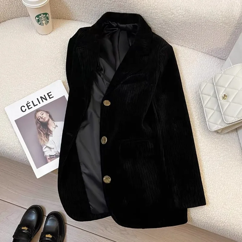 Women's Black Slimming Autumn Winter Corduroy Suit Coat New Style High-end Chic Casual Suit Small Suit Blazer Women Fashion