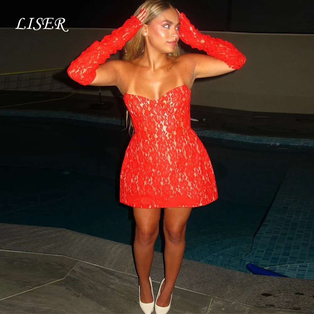 

Liser Sexy Red Lace Mini Prom Dresses Sweetheart With Flesh Colored Lining Dresses for Woman Party Wedding Evening Customized
