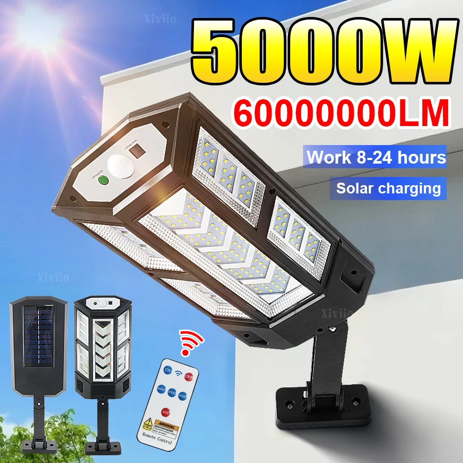 

Солнечный светильник 5000 Вт/4000 Вт/500 Вт, 6000000 лм, для улицы, с дистанционным управлением, для улицы, стены, двора, с датчиком движения, на солнечной энергии
