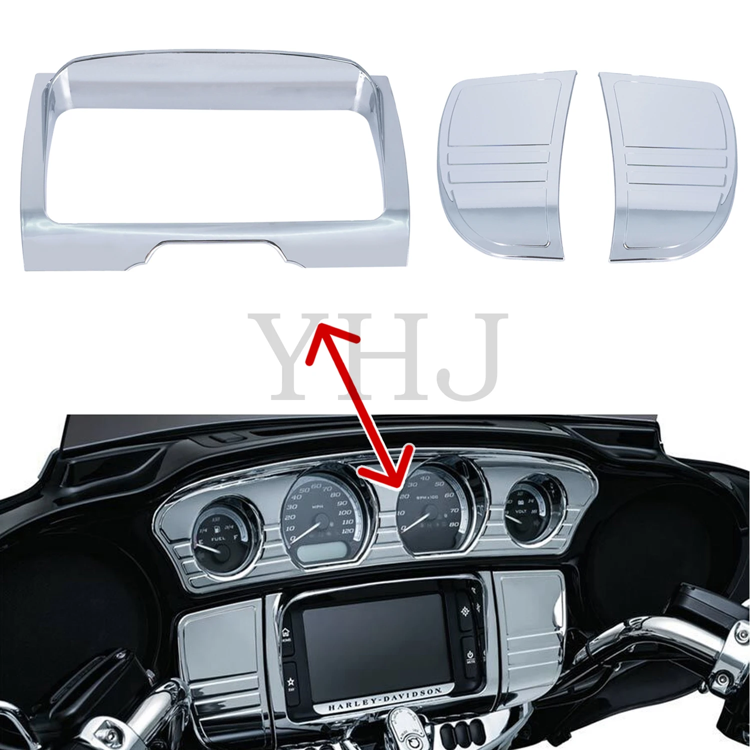 Motorcycle Inner Fairing Tri-Line Gauge Stereo Bezel Trims Panel For Harley Electra Street Glide Tri Glide 2014-2022 Chrome