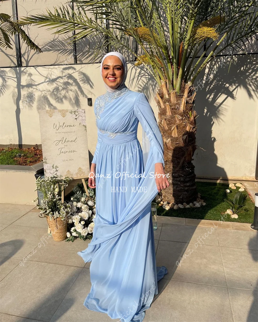 Qanz Muslim Evening Gown Blue Long A-Line Chiffon Beading Dubai Arabic Wedding Party Dress Długie Suknie Wieczorowe Customized