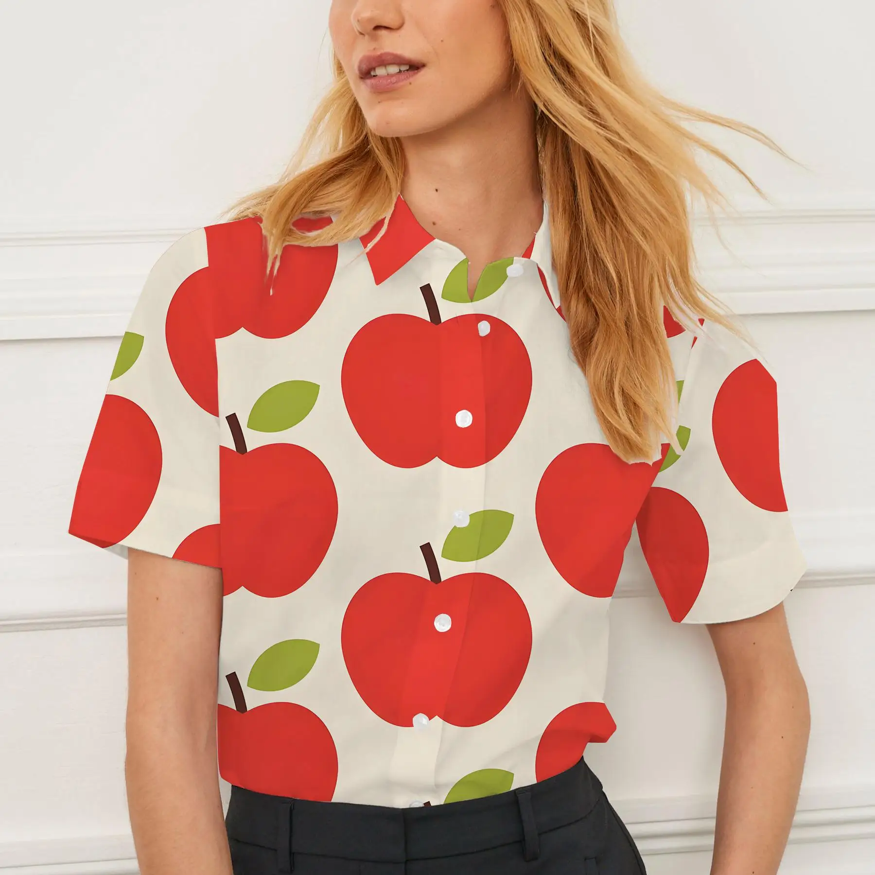 قميص نسائي صيفي كاجوال بأكمام قصيرة وطباعة فاكهة على الموضة للسيدات كاجوال