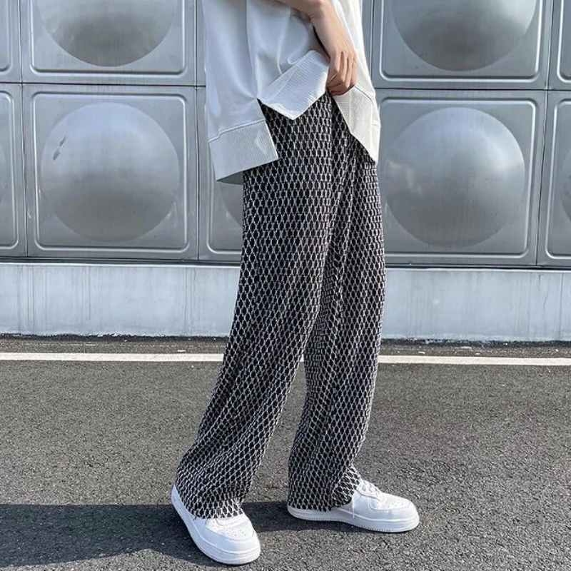 

American Style Casual Plaid Pants Men High Street Straight Leg Full Length Hiphop Trousers Fashion Versatile Sweatpants Male