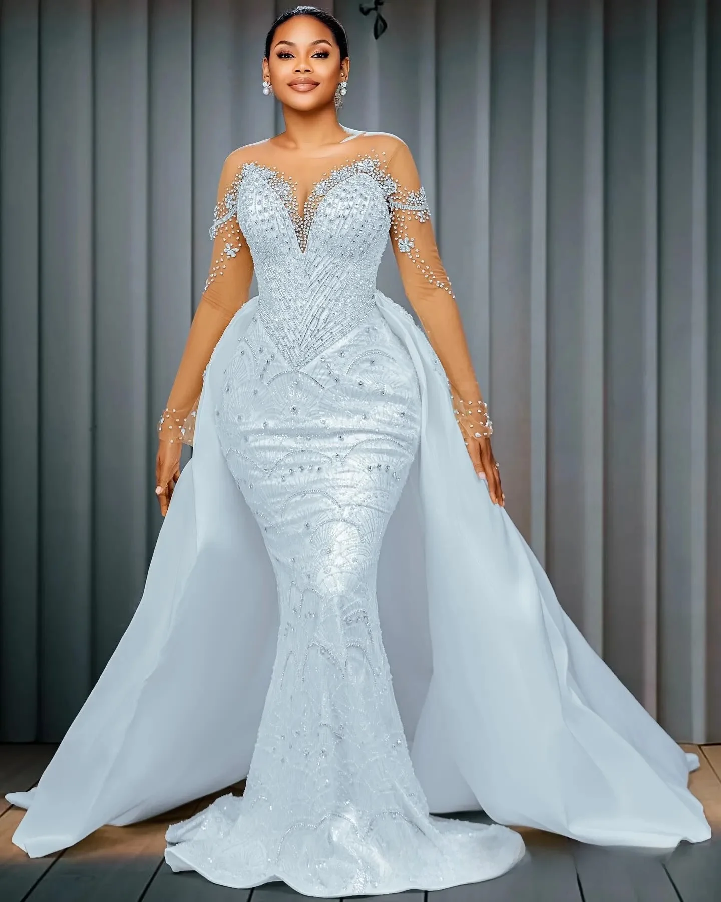 Robes de mariée africaines personnalisées, grande taille, sirène, traîne détachable, col transparent, manches longues, Illusion