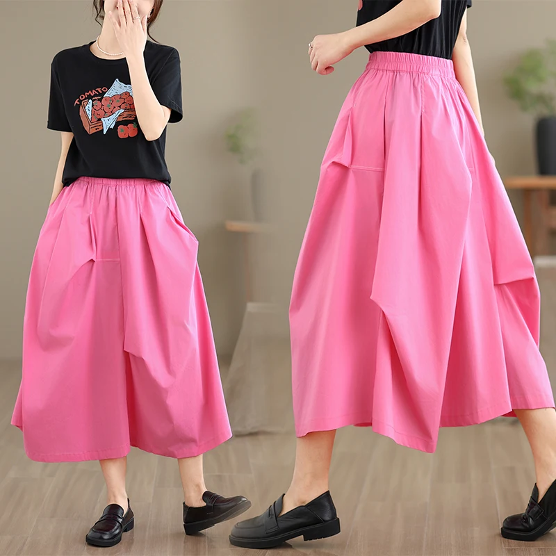 Pink A-Line Midi Skirt Women's Summer Thin Pleated Fluffy Skirt High Waist Cotton Blend Commute Style Mid-Length A-Frame Gown