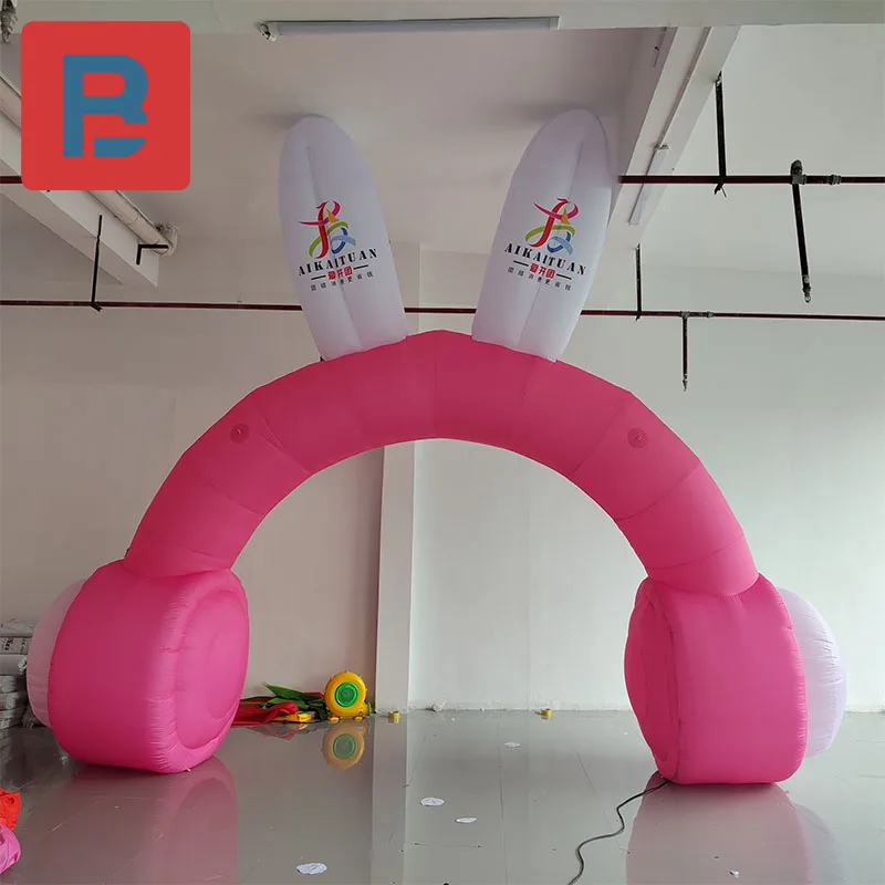 

Inflatable cartoon cute pink rabbit ear wearing earphone arch air mold opening ceremony drainage door head creative props