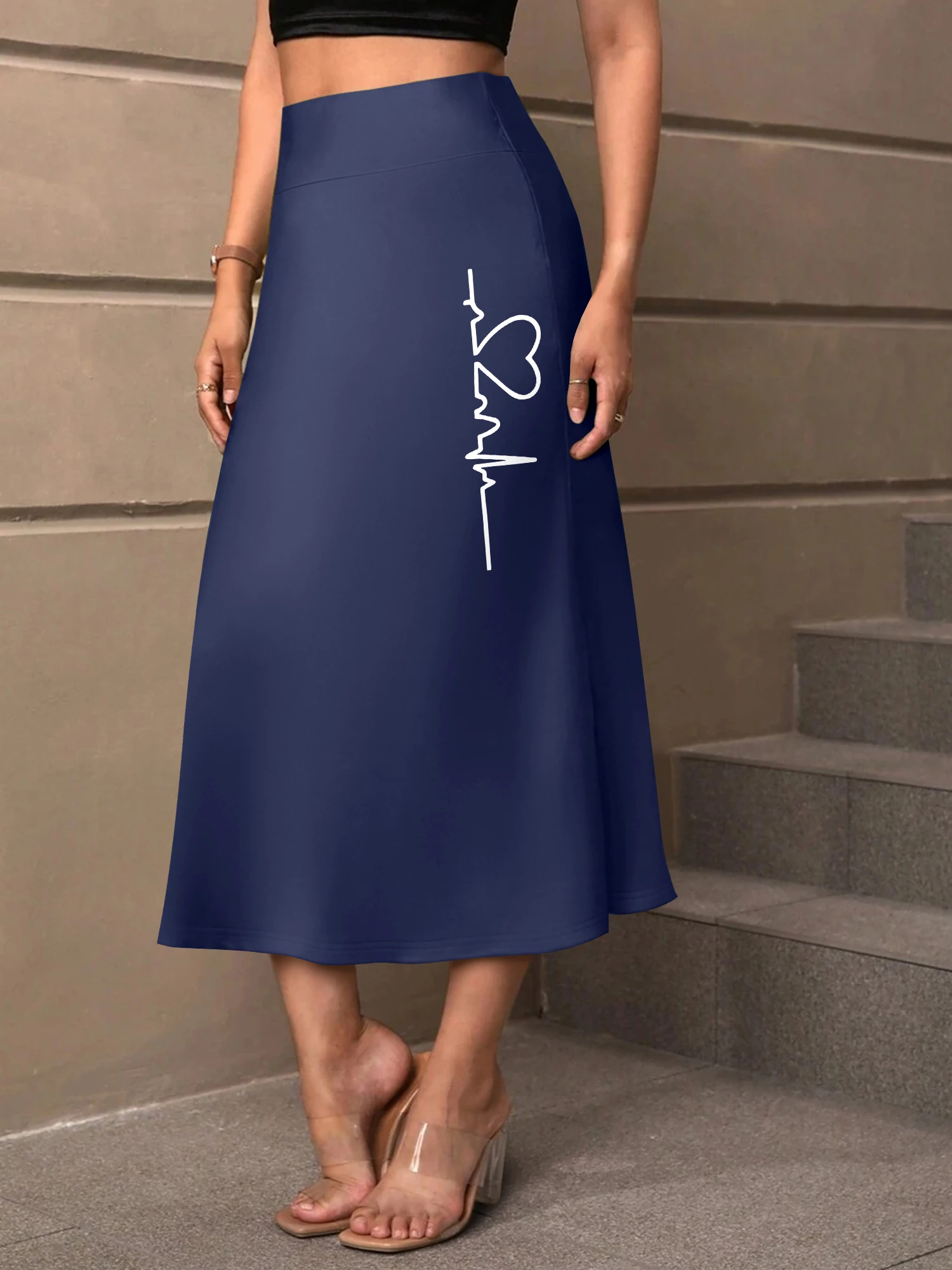 

Fashion High Waist Swing Midi Skirt, Heartbeat ECG Heart Graphic Print A Line Mid Calf Casual Women Bottoms