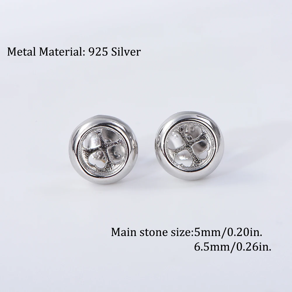 5mm-6.5mm Round Earring Settings, Simple Bubble Design with Clover Backing, S925 Sterling Silver Material