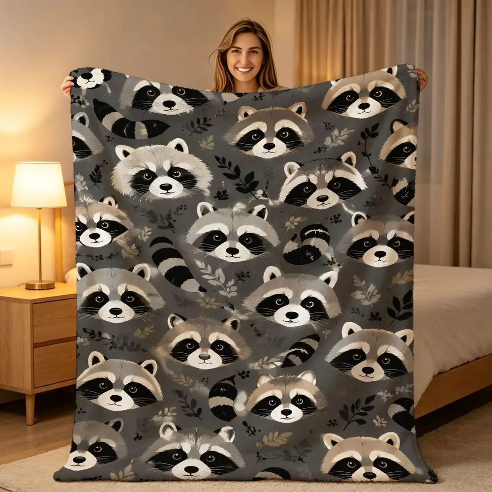 Cozy Fleece Throw Blanket with Playful Raccoon Pattern Soft Warm Decorative Bedding for Bedroom Living Room Sofa Couch Perfect Gift for Friends Family And Home Decor