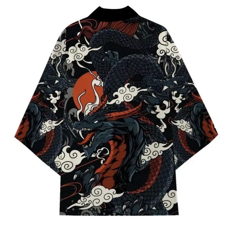 Trendy Harajuku Style Unisex Japanese Dragon Print Haori Kimono Cardigan Cloud Pattern 1/2 Sleeve Open Front Yukata Coat Tops