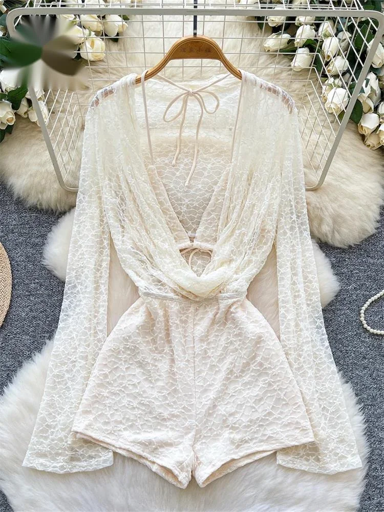 Trajes Sensuales de Encaje Transparente con Cuello Halter y Cordones, Lencería, Monos, Bodys Sexys de Verano para Mujer