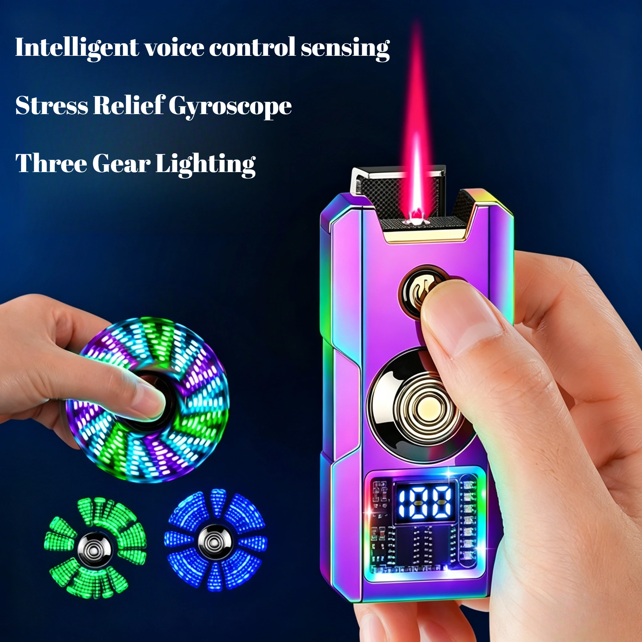 Smart Voice Control Windproof Lighter, Gyroscope Design with Visible Gas Window, USB Rechargeable Butane Gas Igniter Men Gifts