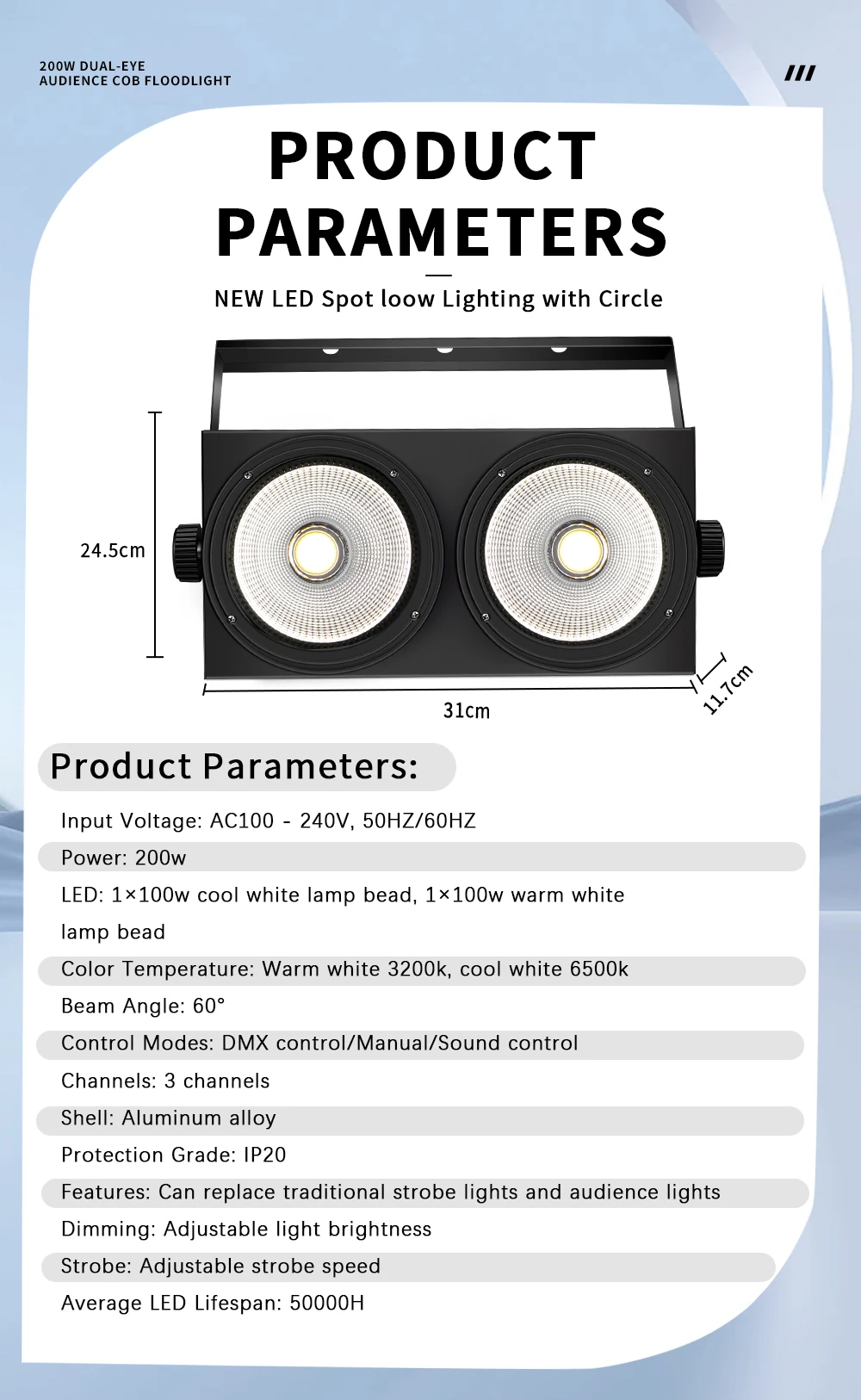 2 Stück 2COB Wash Par Licht 2x100W Einstellbare Geschwindigkeit Stroboskop-Licht LED 2IN1 Kalt-Warmweiß Beleuchtung Party Bar DMX Bühnenbeleuchtung – Detail 7