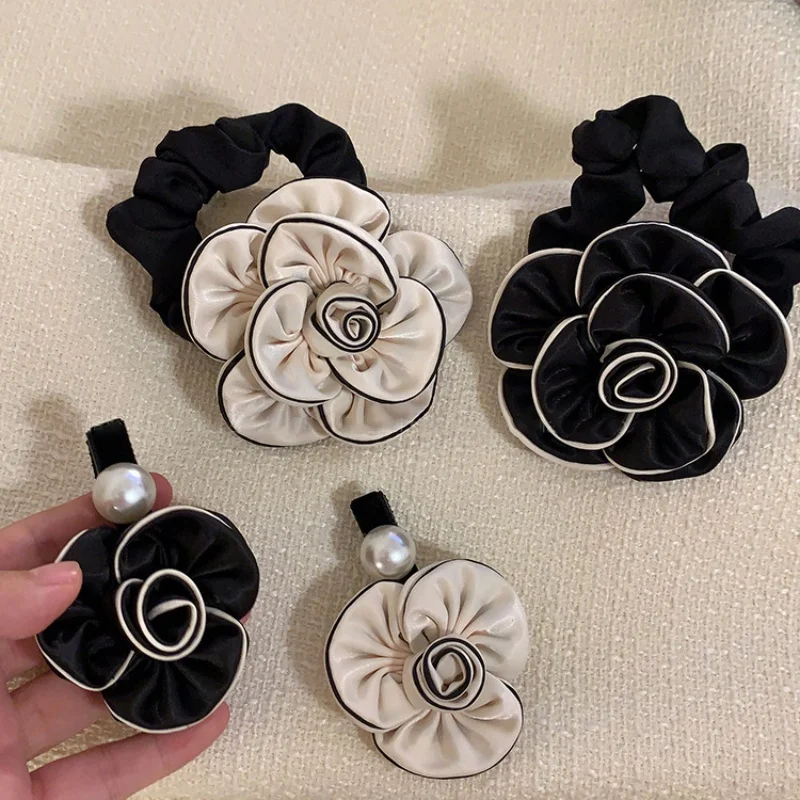 

White Black Classic Stripe Elastic Hair BandS Ponytail Holders Hair Rings Simple Romantic Camellia Hair Clips Hairgrip Set Gifts