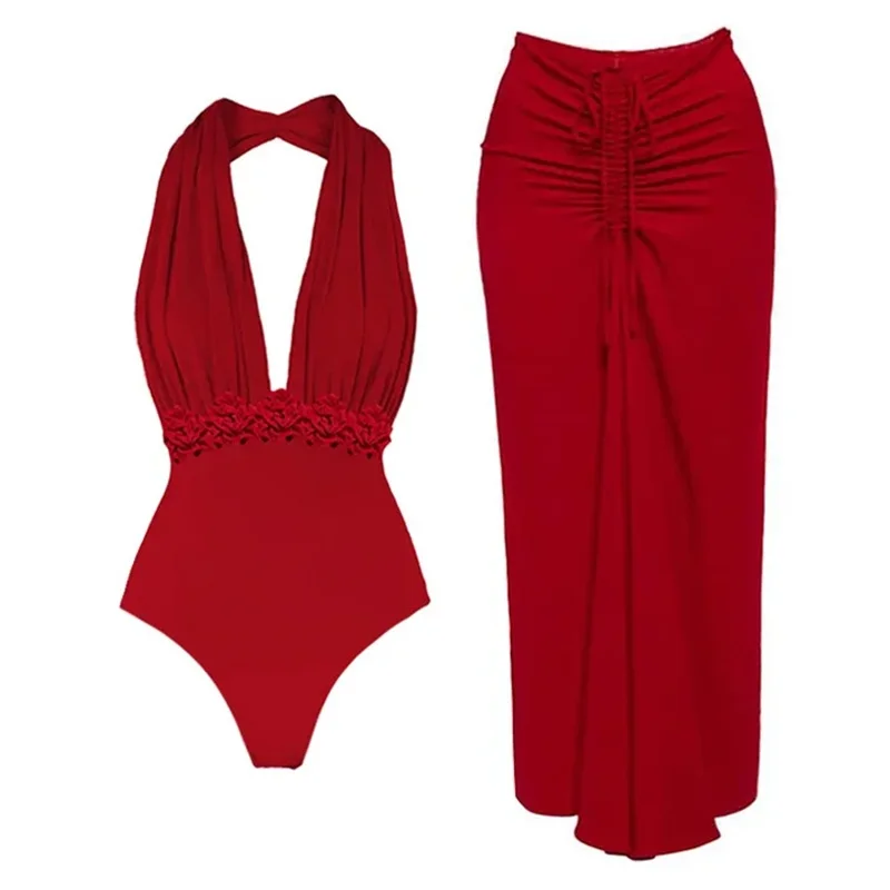 

Red Summer Swimsuit Bikini Set 2 Pieces Top+Midi Prom Dress Sexy Halter Sleeveless Casual Hot Girl Beach Skirt In Stock