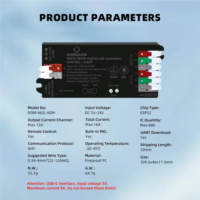 

Эффективный адресный контроллер светодиодных лент DOMRAEM ESP32 WLED UART 0,5 Вт USB-C5V/5A Микрофон с голосовым управлением WS2811/2814/2805 в режиме ожидания