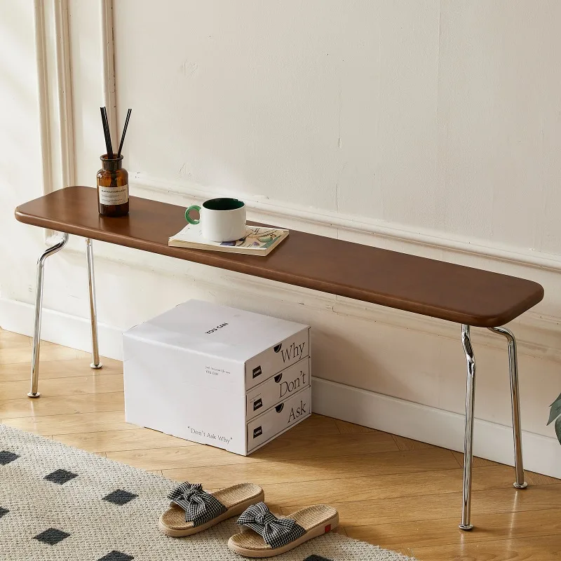Medium and retro logs Solid wood household bedside bench Stainless legs Nordic dining table stool Small apartment shoe changing