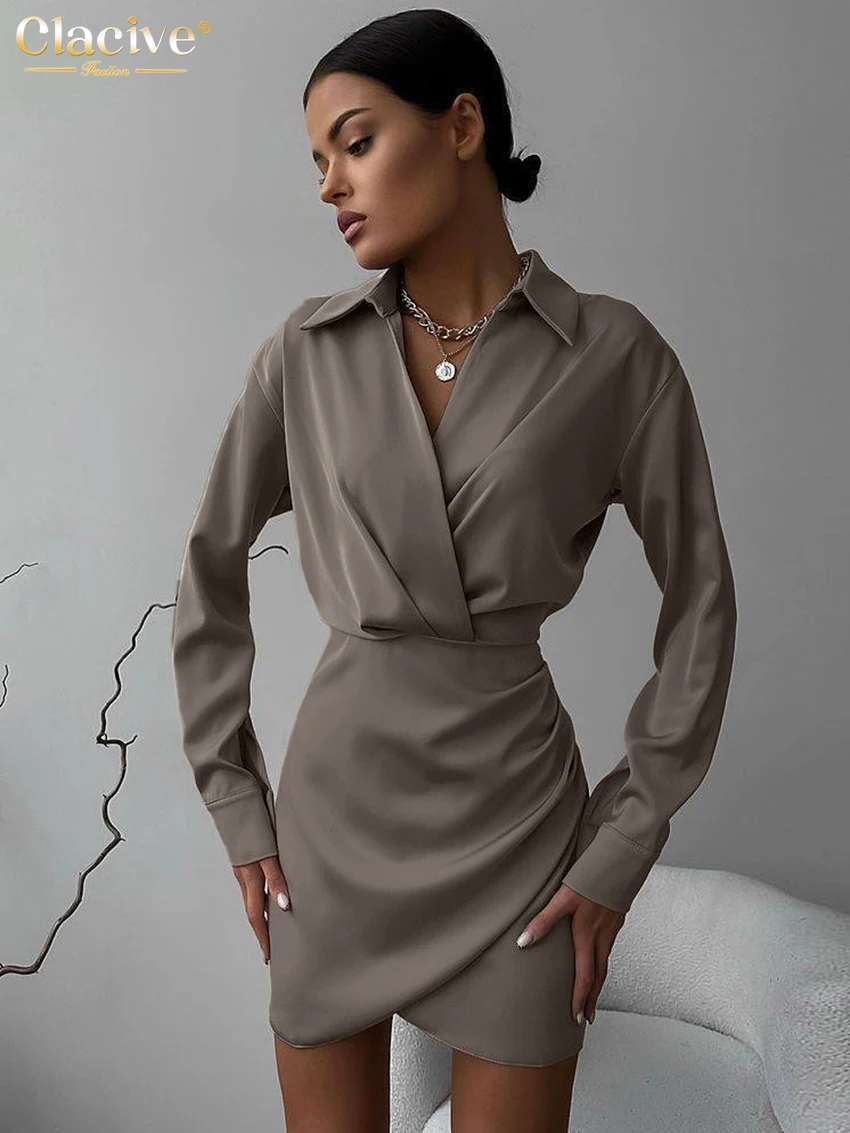 Clacive moda magro vestido de cetim branco senhora bodycon lapela manga longa mini vestido elegante clássico sólido vestidos para mulher 2025