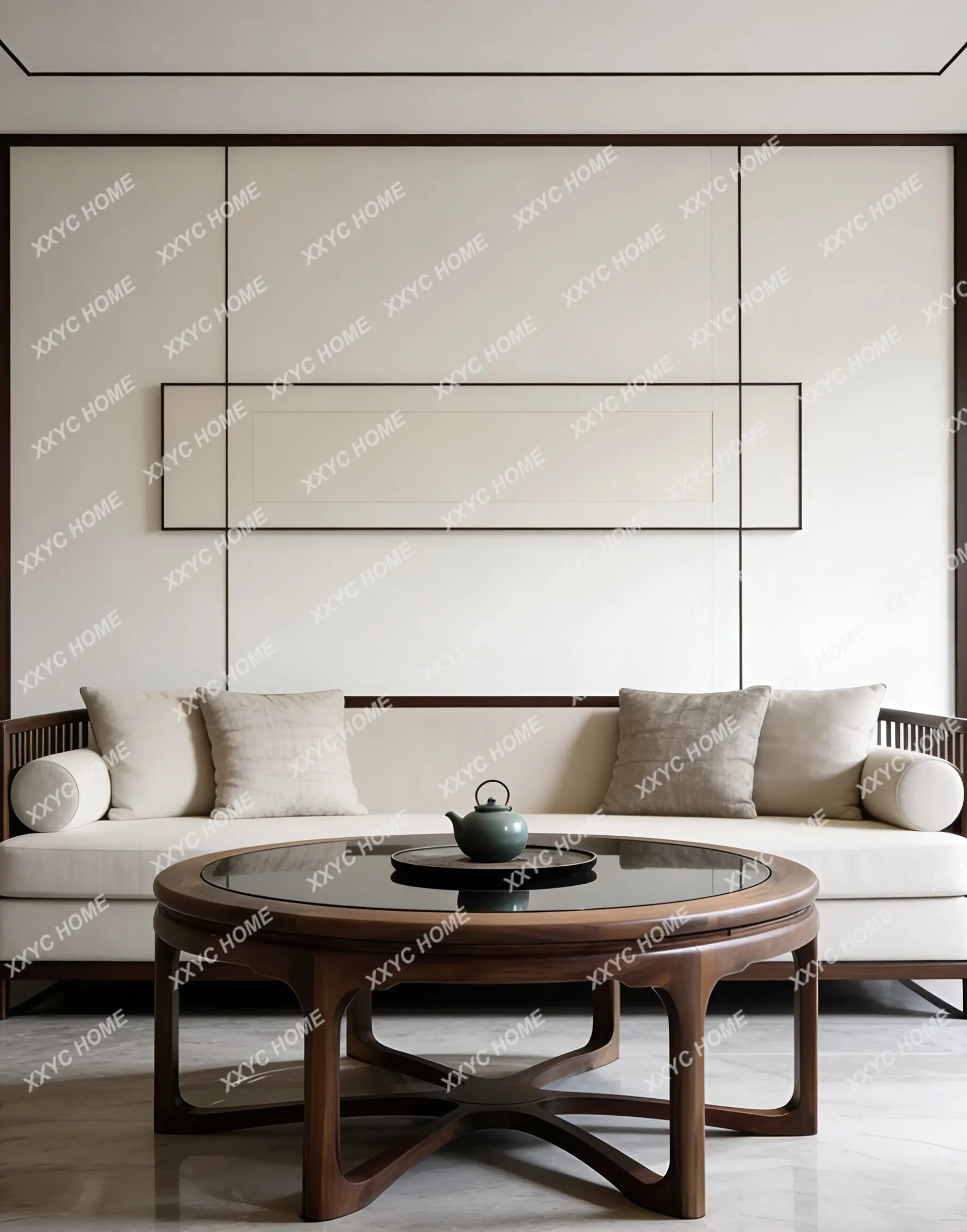 

LNew Chinese style all-solid wood round glass surface coffee table living room small apartment