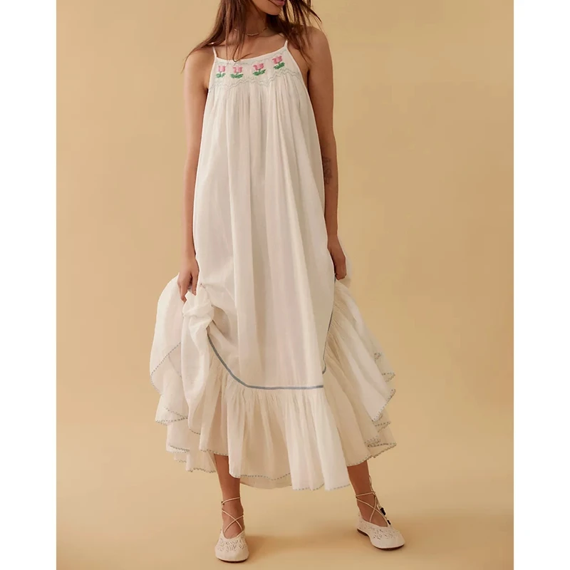 Combhasaki Donna Estate Regolabile Sottile Cinghie di Spaghetti Fiore Ricamo Smocked Ruffle Hem Swing Allentato A-line Abito Lungo Slip