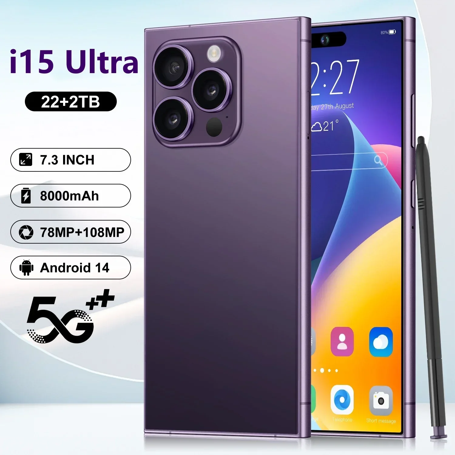 

i15 Ultra Original Android 14 Mobile Phones 7.3 Inch Unlocked SmartPhone 78+108MP Camera Dual Sim 22GB+2TB 8000mAh 5G Celular