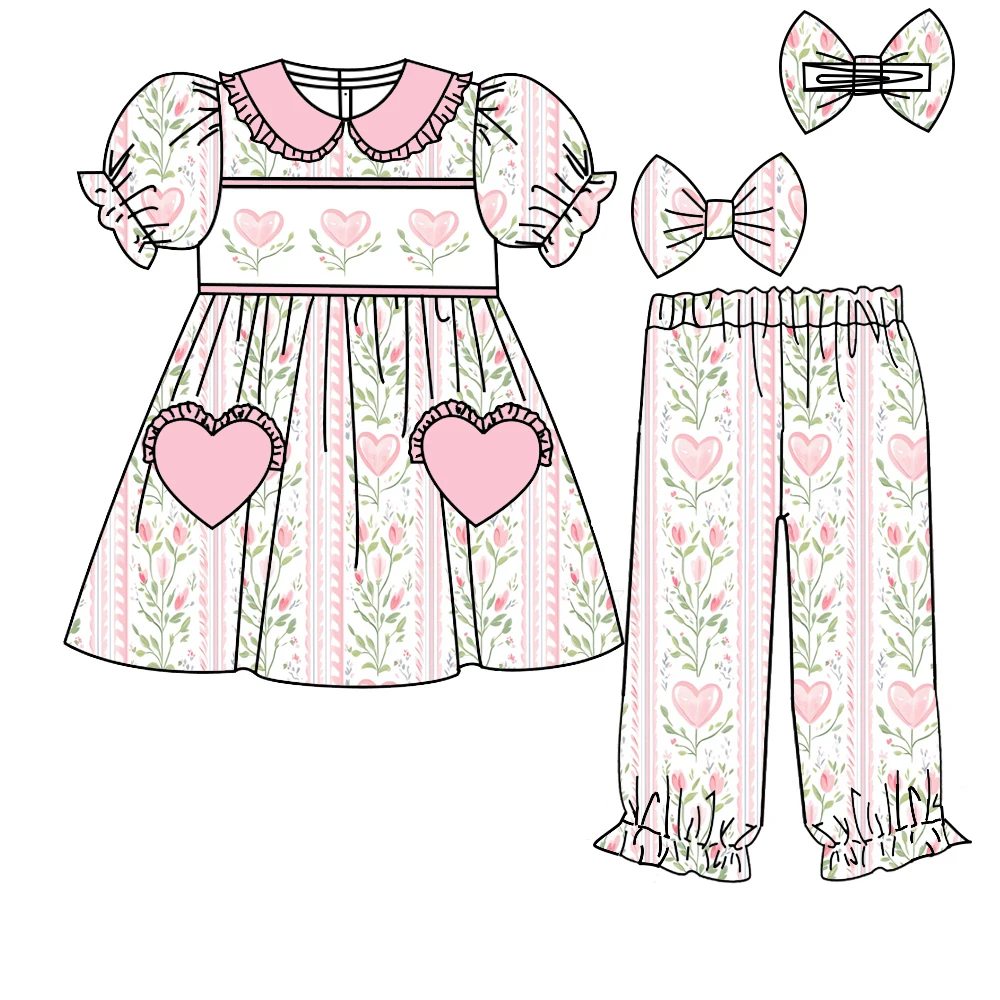 

Off-white pink and red rabbit and ice love magic wand print Valentine's Day new girls ruffle corsage pjs set boutique girl