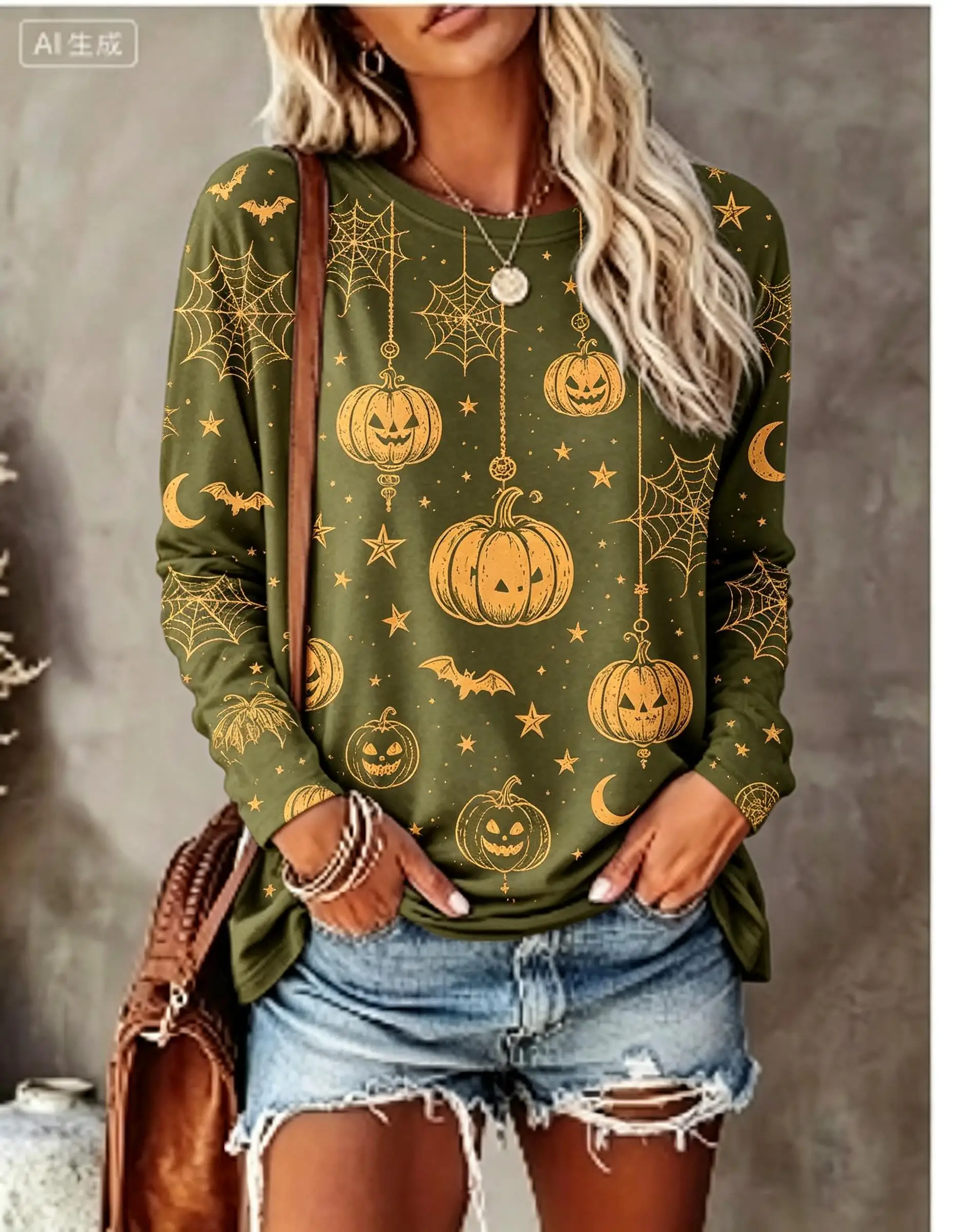 Women Halloween Long Sleeve T‑Shirt Pumpkin Moon Star Bat Spider Web Distressed All‑Over Print Crew Neck Tops