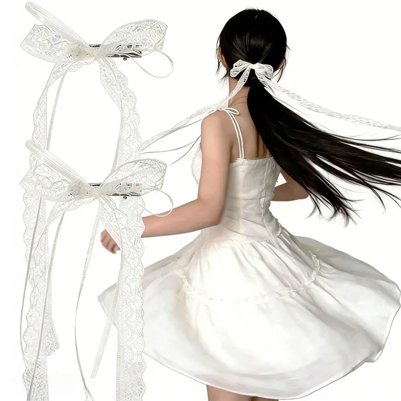 

White Long Ribbon Bow Hair Clip Sweet Lace Design Tassel Bowknot Pins Braid Barrettes