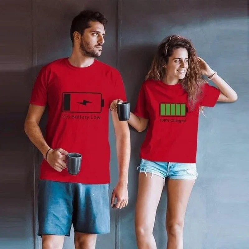 King Queen Couples T Shirt Battery Low Print Couple Tshirt Summer Fashion Woman T-shirt Casual O-Neck Tops Lovers Tee Shirt