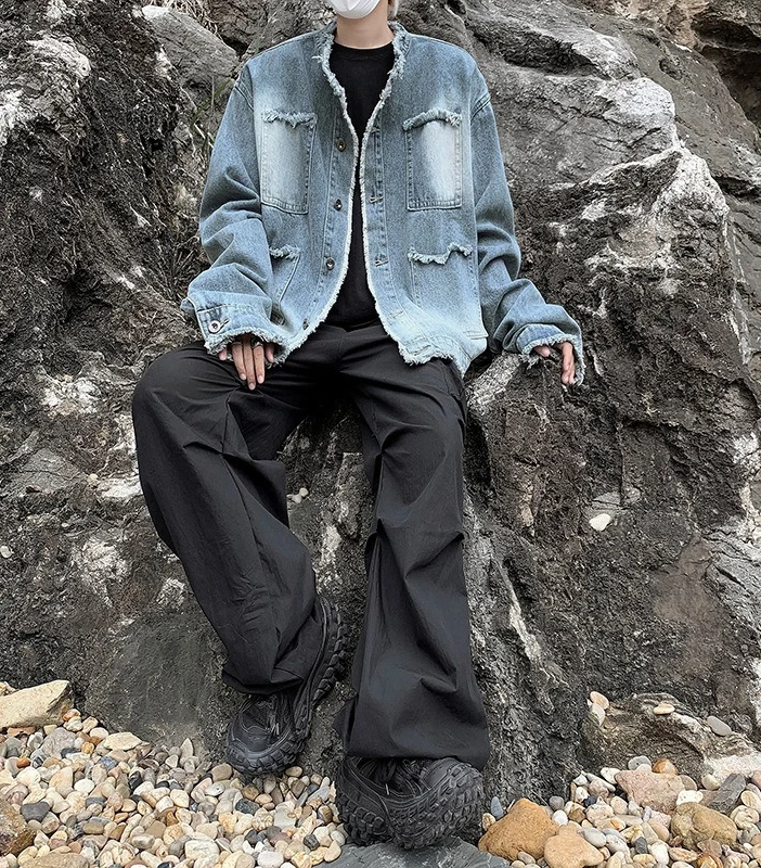 2026 Spring/Autumn Fleece Stand Collar Street Trend Denim Jacket Men's Jacket Washed Distressed Casual Jacket