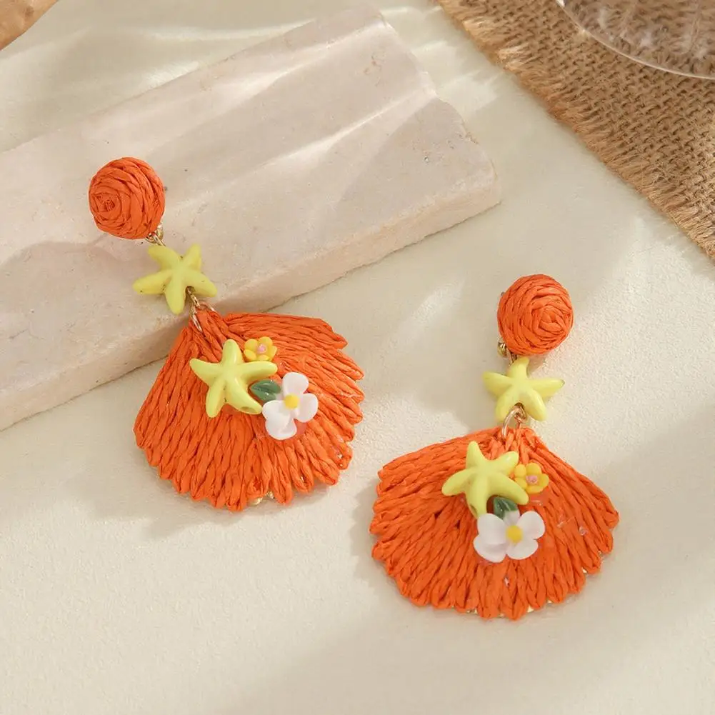 Travel Earrings Bohemian Raffia Starfish Earrings Handwoven Straw Rattan Drop Dangle Jewelry Summer Beach Boho Statement