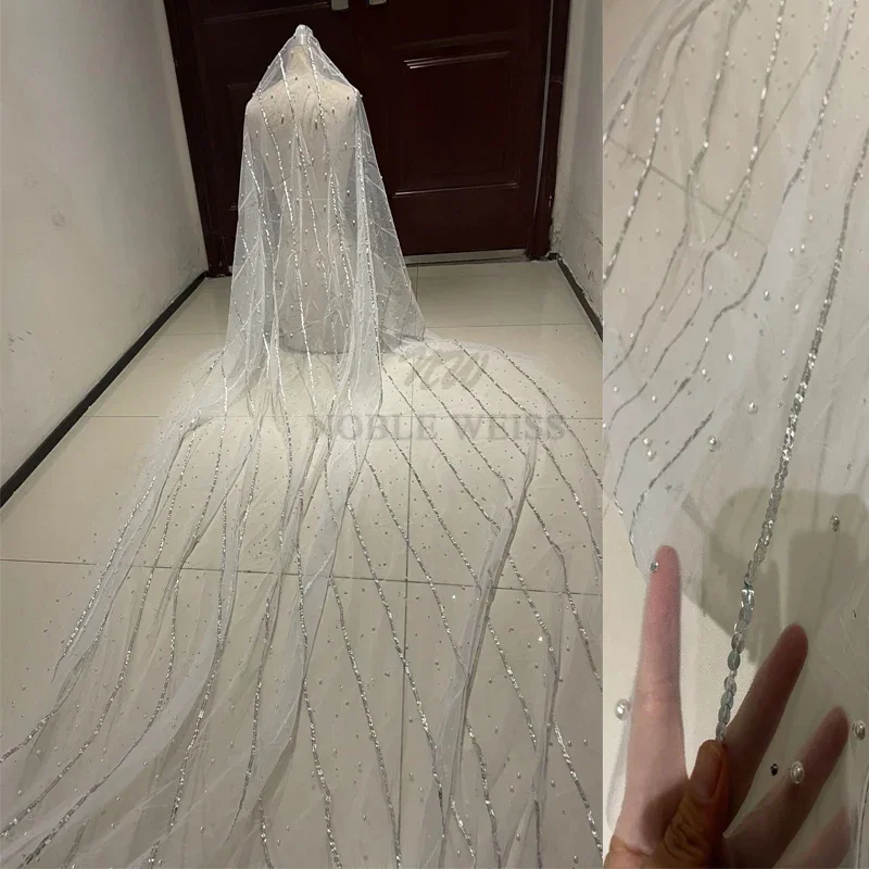 300Cm Chiều Dài Ngọc Trai Cưới Veil 200Cm Chiều Rộng 1T Bling Bling Đính Hạt Cườm Sang Trọng Cô Dâu Vân Ngà Cô Dâu Mạng Che Mặt mà Không Cần Lược