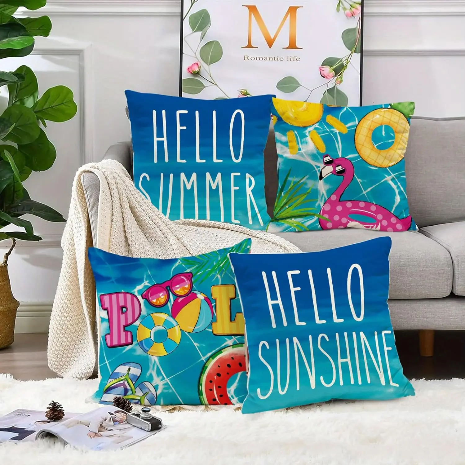 Hello Summer Pool Pillow Covers Tropical Plants Throw Pillows, Flamingo Decorative Farmhouse Cushion Case for Couch Set of 4
