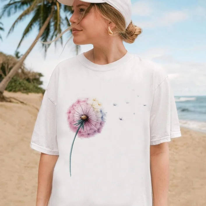 

Summer Women's Dandelion Printed Pop Round Neck Style 90s Top Short Sleeve Beach Vacation Pattern Cartoon Women's T-Shirt