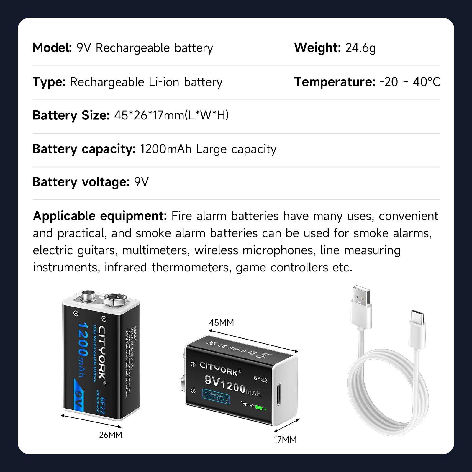 Akumulator litowo-jonowy 9V USB, ładowany przez USB-C, baterie litowe 9V do multimetru, mikrofonu, zabawki + kabel USB do ładowania — zdjęcie produktu 6