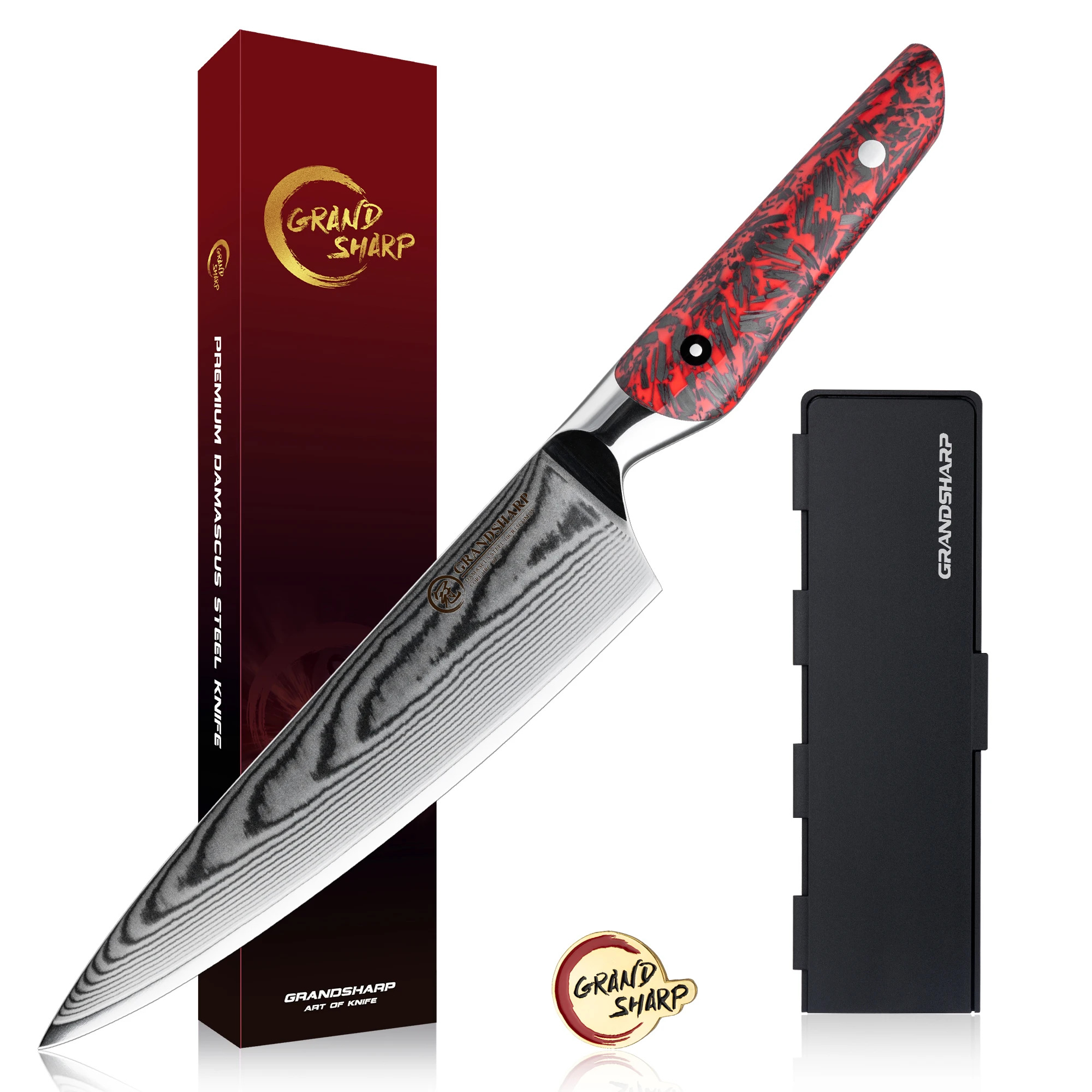 

Grandsharp 8-дюймовый нож шеф-повара, японский 67-слойный кухонный нож из дамасской стали, красная смола + ручка из углеродного волокна, тесак, резак для столовых приборов