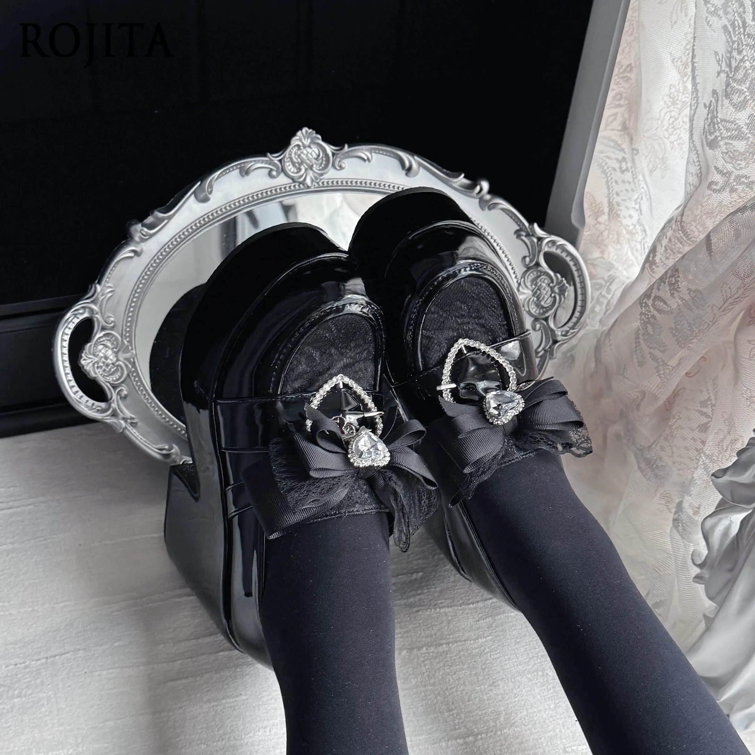 Japanese Sweet Lolita Platform Shoes Women Heart Rhinestone Buckle Satin Bow Lace Trim Chunky Heel Cosplay Footwear