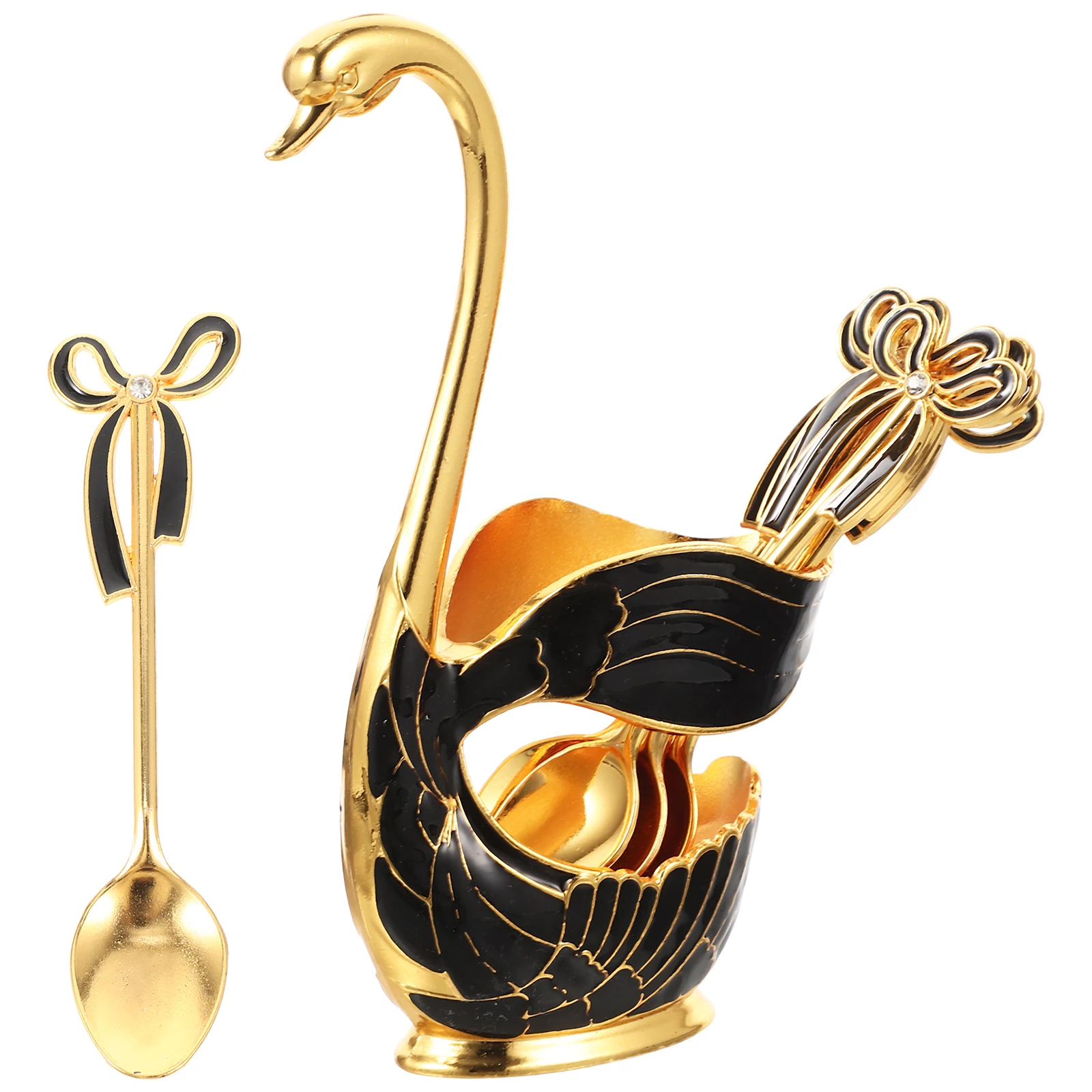 

Dessert Spoon Set Swan Stand Coffee Spoon Holder Mixing Scoop Black Ice Cream Spoons Storage Kitchen Teaspoons Alloy