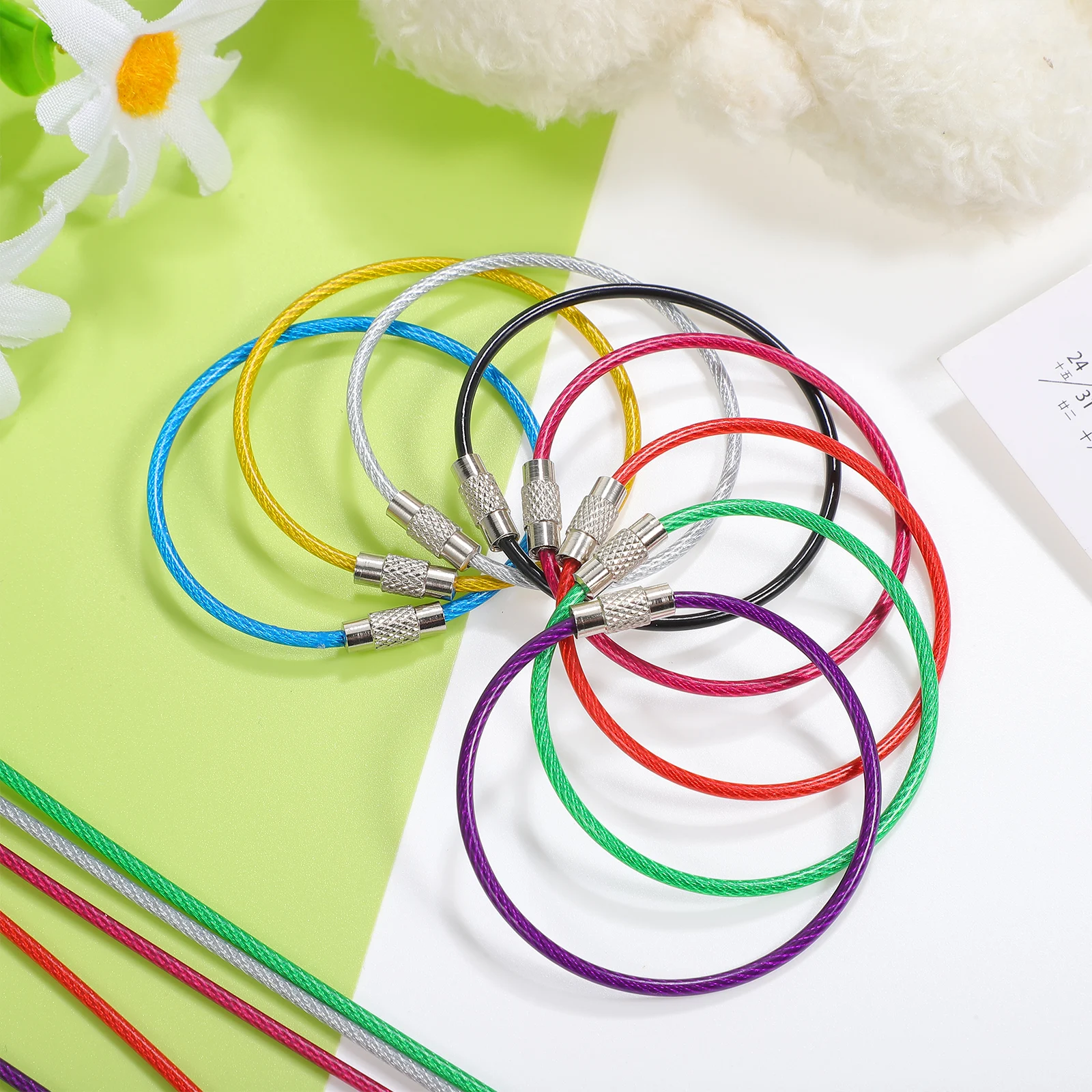 

16 Pcs Stainless Steel Wire Ring 2x150MM 2Transparent 2Black 2Purple 2Yellow 2Green 2Blue 2Red 2Rose Key Chain Cable