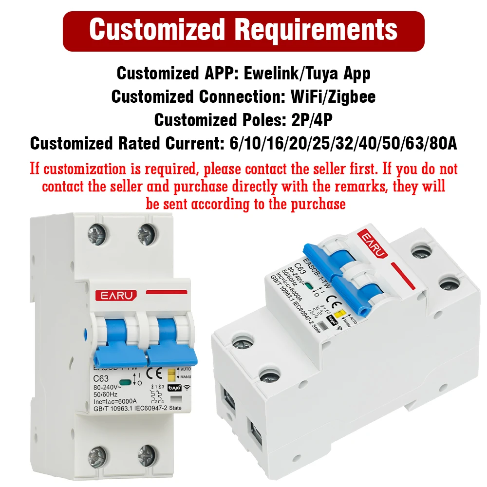 2P Tuya WiFi Smart Circuit Breaker MCB Timer Relay Switch Remote Control AC 63A 16A Power-off Memory Alexa Google Home Assistant