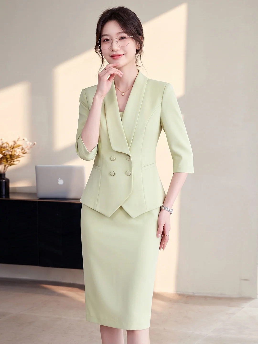 

Mint Green Seven-Quarter Sleeve Professional Suit Set for Women Spring 2026 New Manager Workwear Hotel Front Desk Uniform