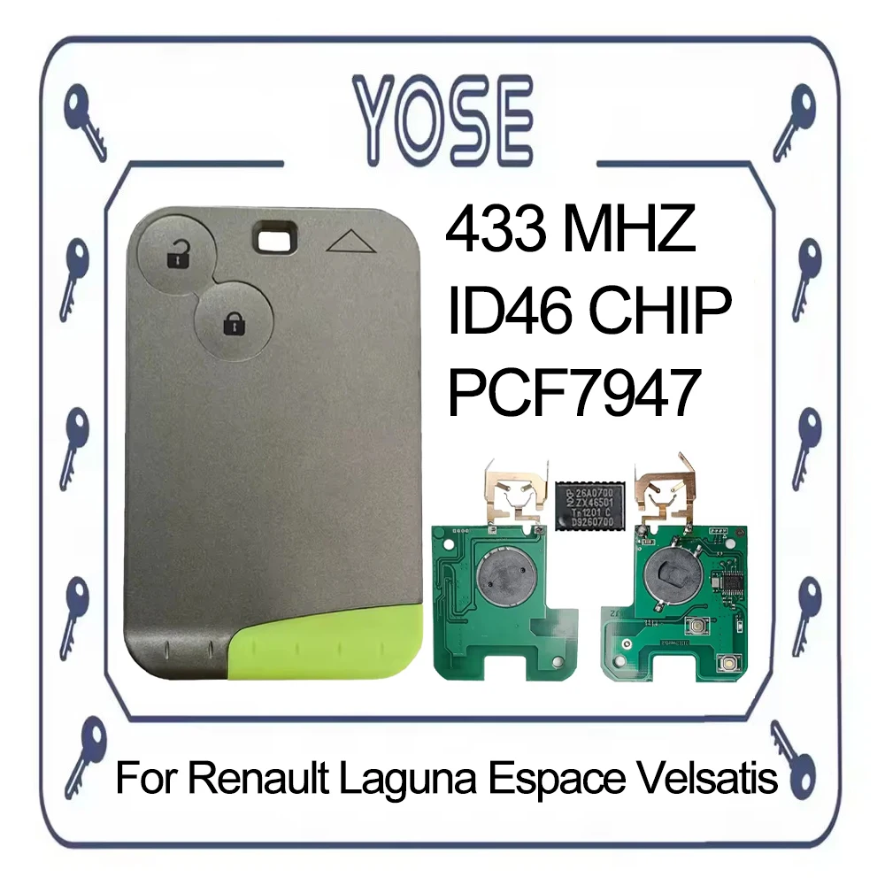 YOSE Remote Card Key For 2001-2006 Renault Laguna Espace Vel-satis 2 Buttons 433Mhz ASK ID46 Chip PCF7947